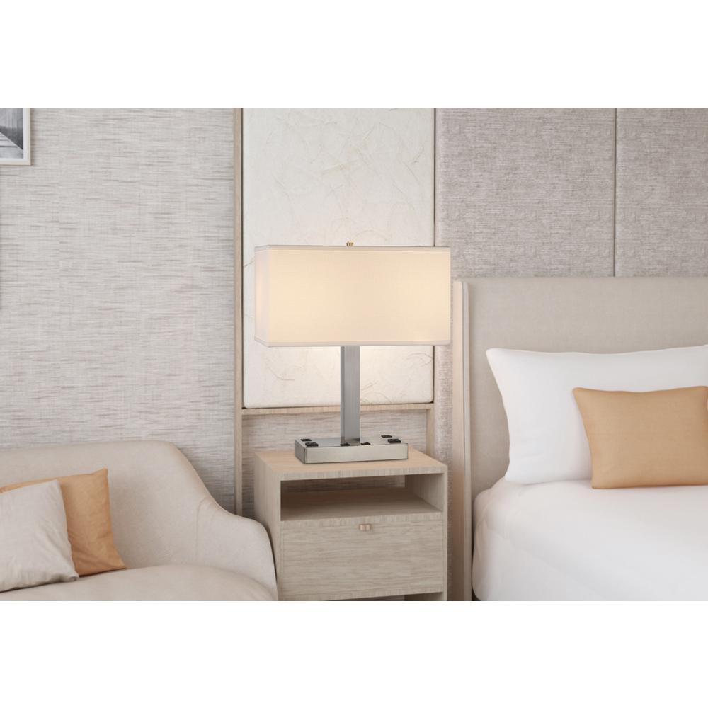 21" Nickel Metal Two Light Desk Usb Table Lamp With White Rectangular Shade. Picture 4