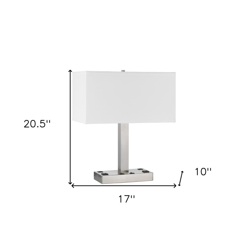 21" Nickel Metal Two Light Desk Usb Table Lamp With White Rectangular Shade. Picture 5