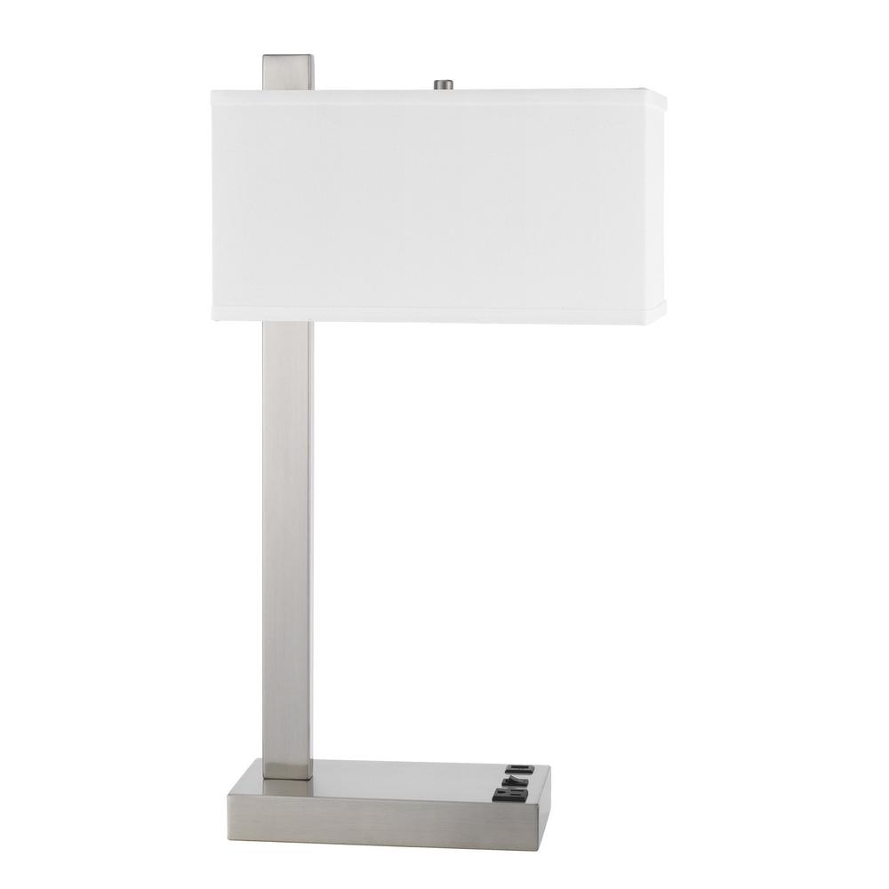25" Nickel Metal Desk Usb Table Lamp With White Rectangular Shade. Picture 1