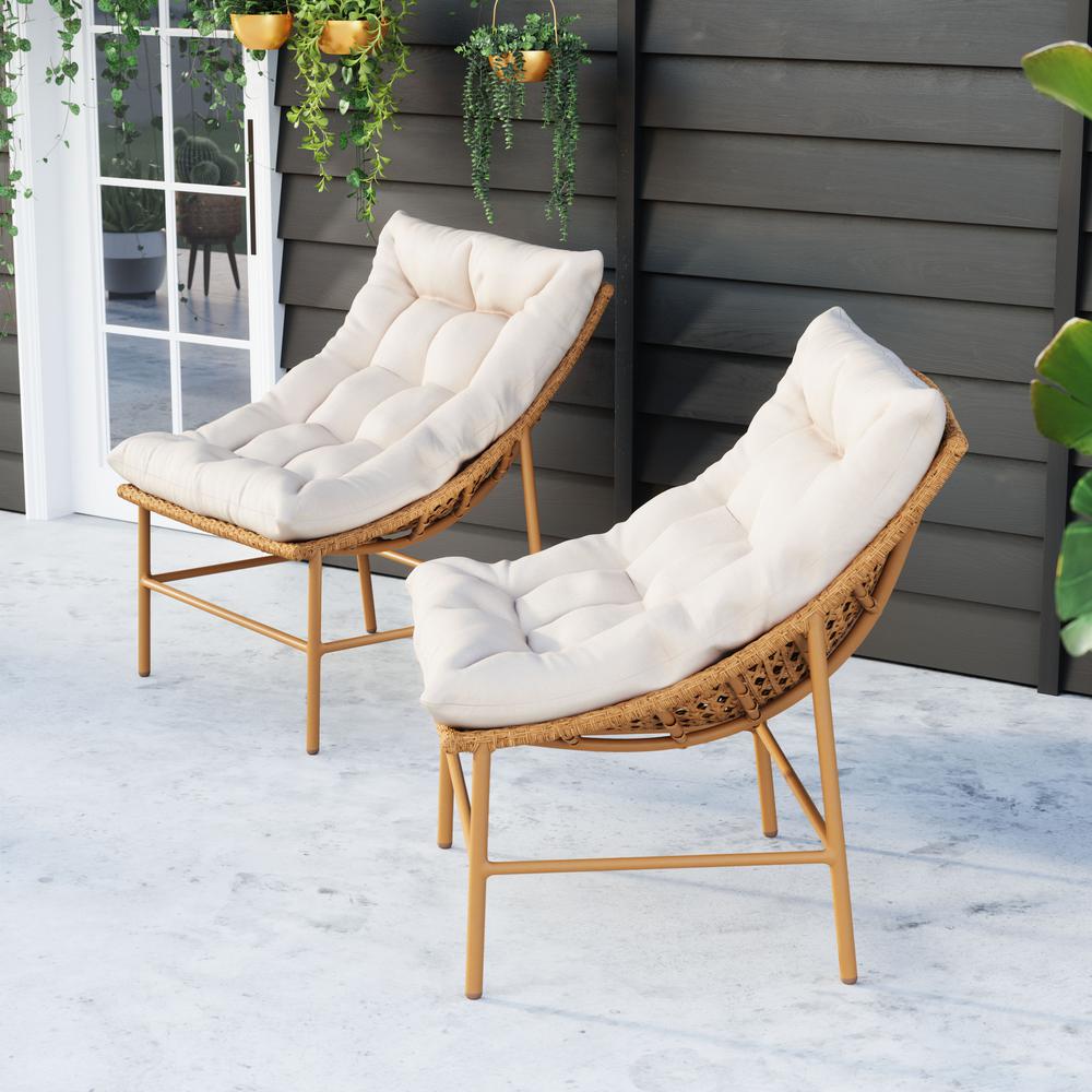 29" Beige and Natural Metal Indoor Outdoor Accent Chair with Beige Cushion. Picture 7