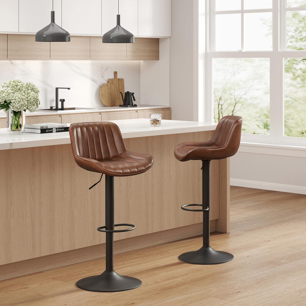Brown, Black Faux Leather, Steel Swivel Low Back Adjustable Height Bar Chairs. Picture 5