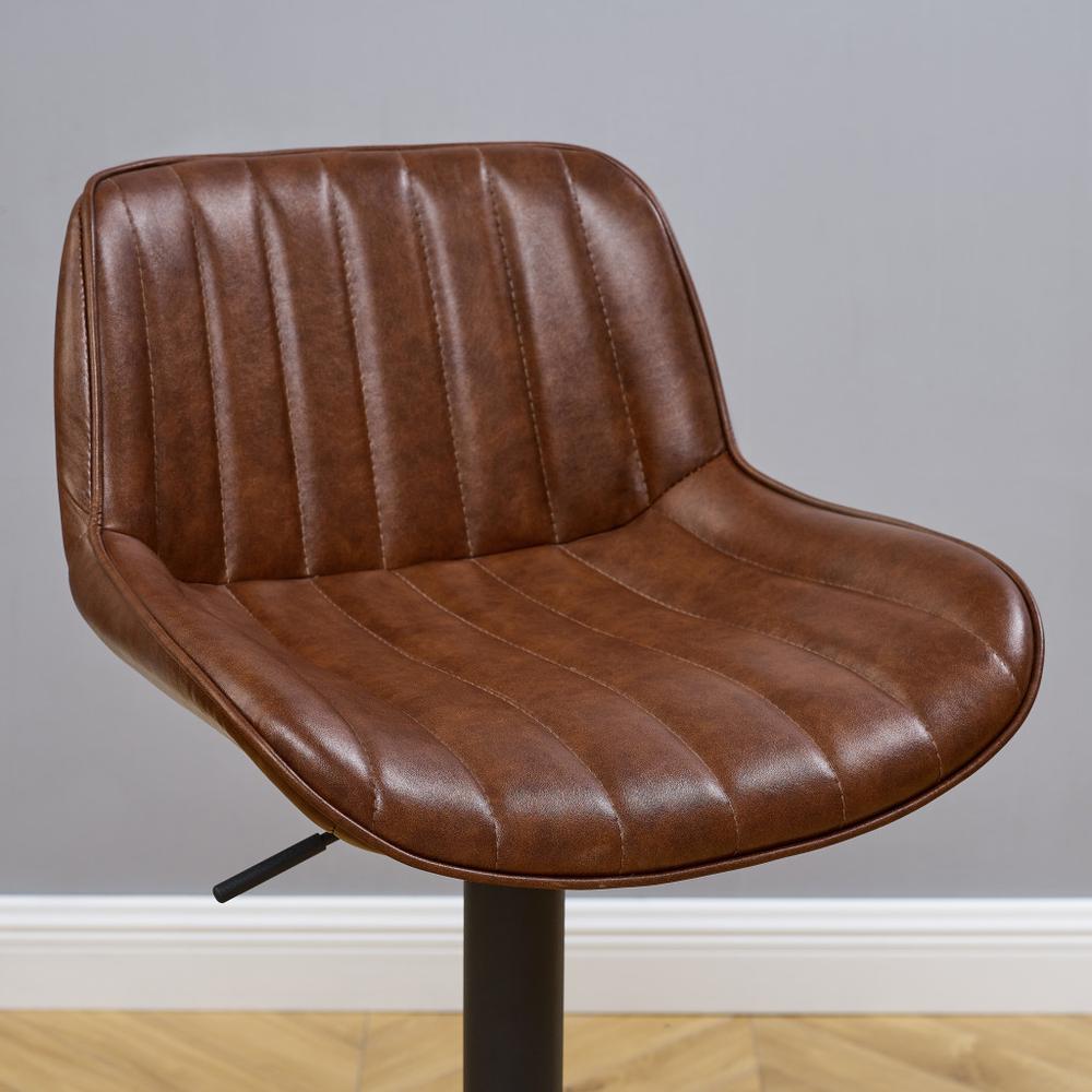 Brown, Black Faux Leather, Steel Swivel Low Back Adjustable Height Bar Chairs. Picture 3