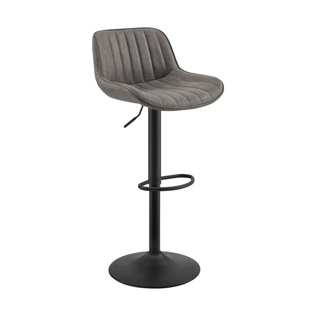 Gray, Black Faux Leather, Steel Swivel Low Back Adjustable Height Bar Chairs. Picture 1