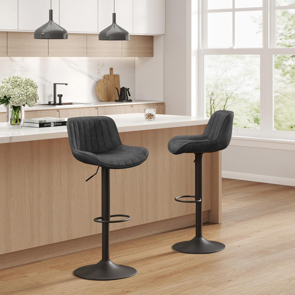 Black Faux Leather, Steel Swivel Low Back Adjustable Height Bar Chairs. Picture 3
