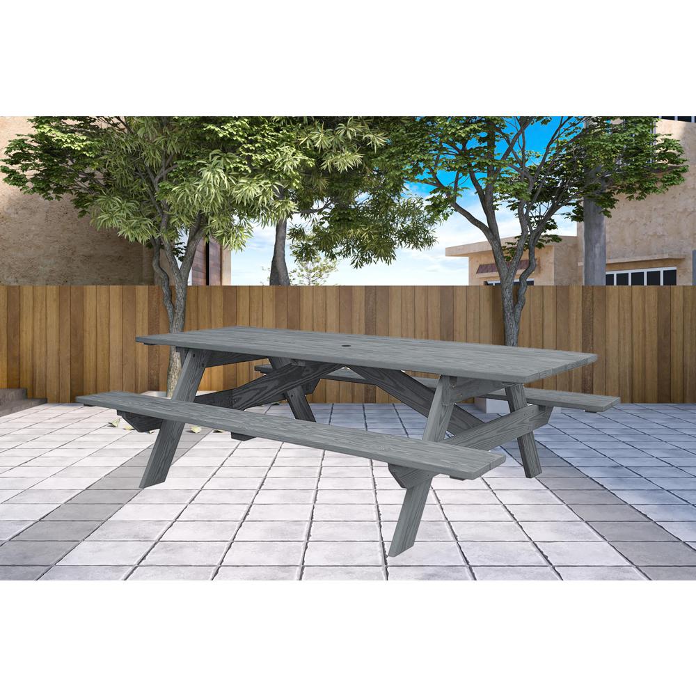 Gray Solid Wood Outdoor Picnic Table Umbrella Hole. Picture 3