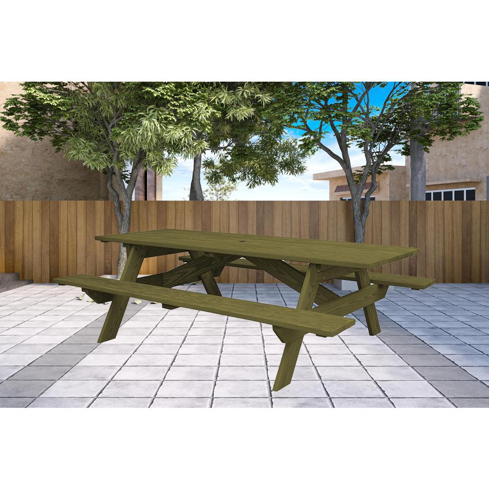 Green Solid Wood Outdoor Picnic Table Umbrella Hole. Picture 4