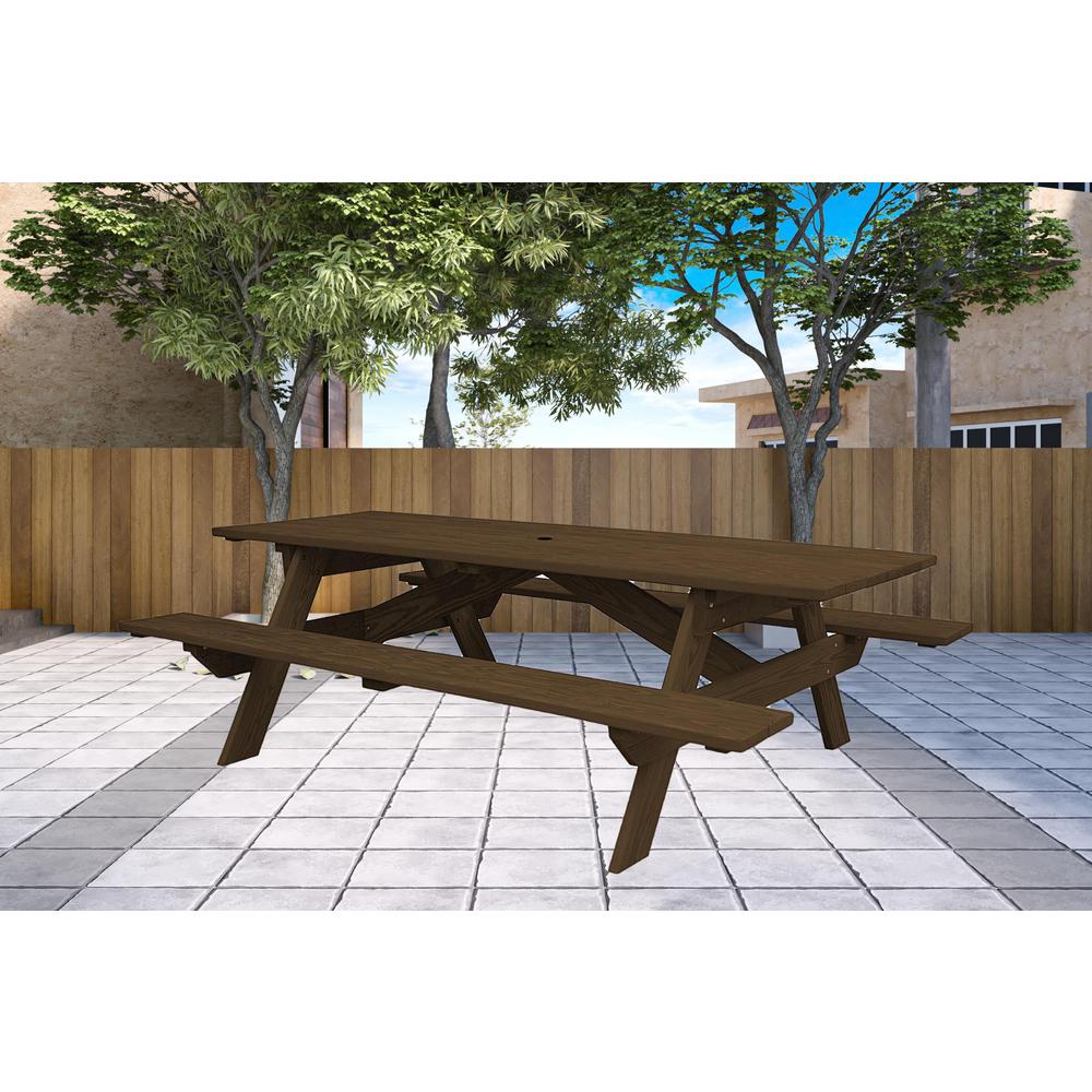 Dark Brown Solid Wood Outdoor Picnic Table Umbrella Hole. Picture 3