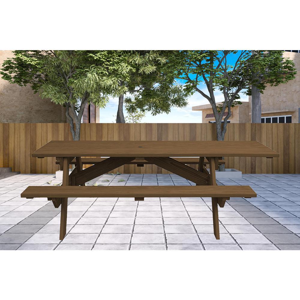 Wood Brown Solid Wood Outdoor Picnic Table Umbrella Hole. Picture 3
