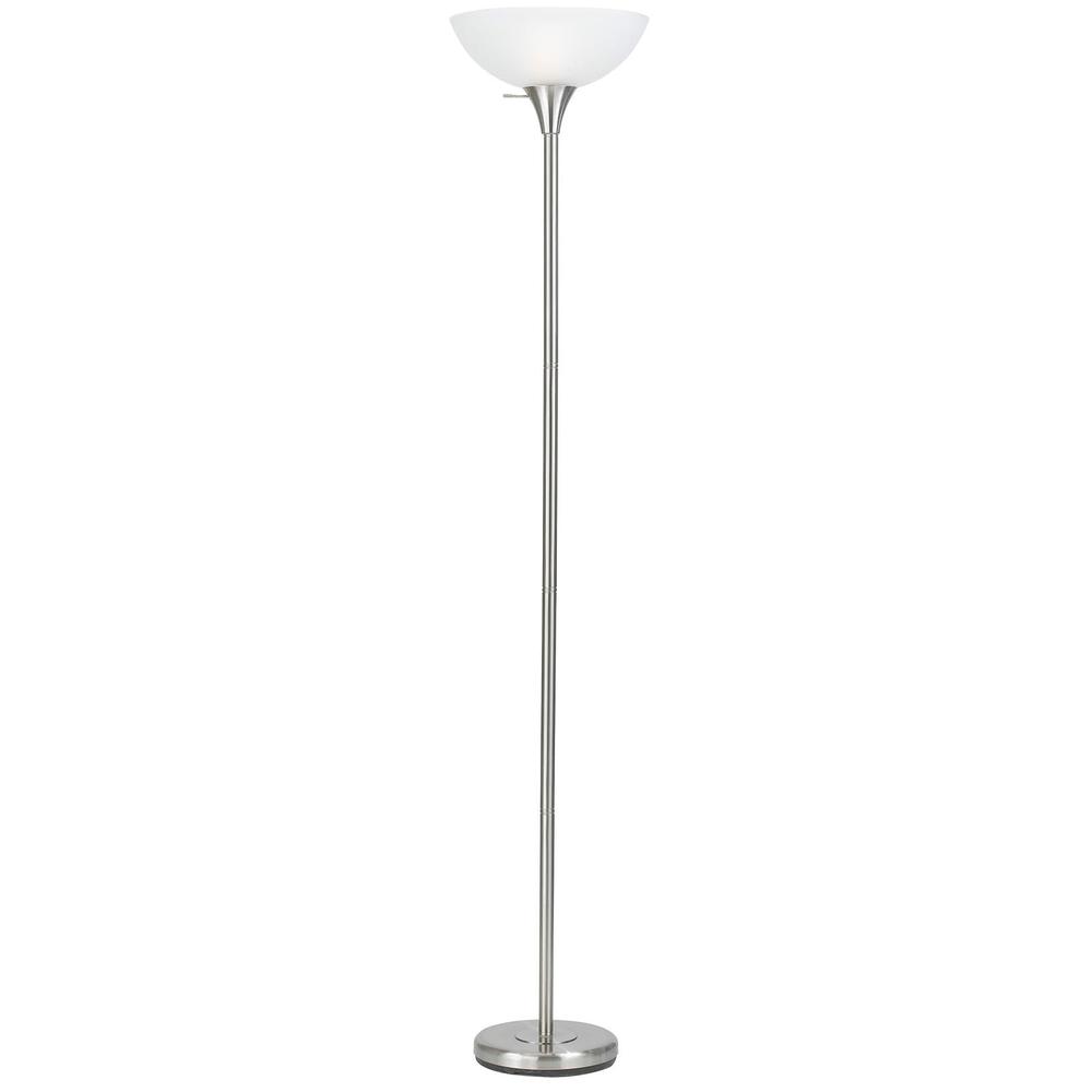 70" Nickel Torchiere Floor Lamp With White Frosted Glass Dome Shade. Picture 1