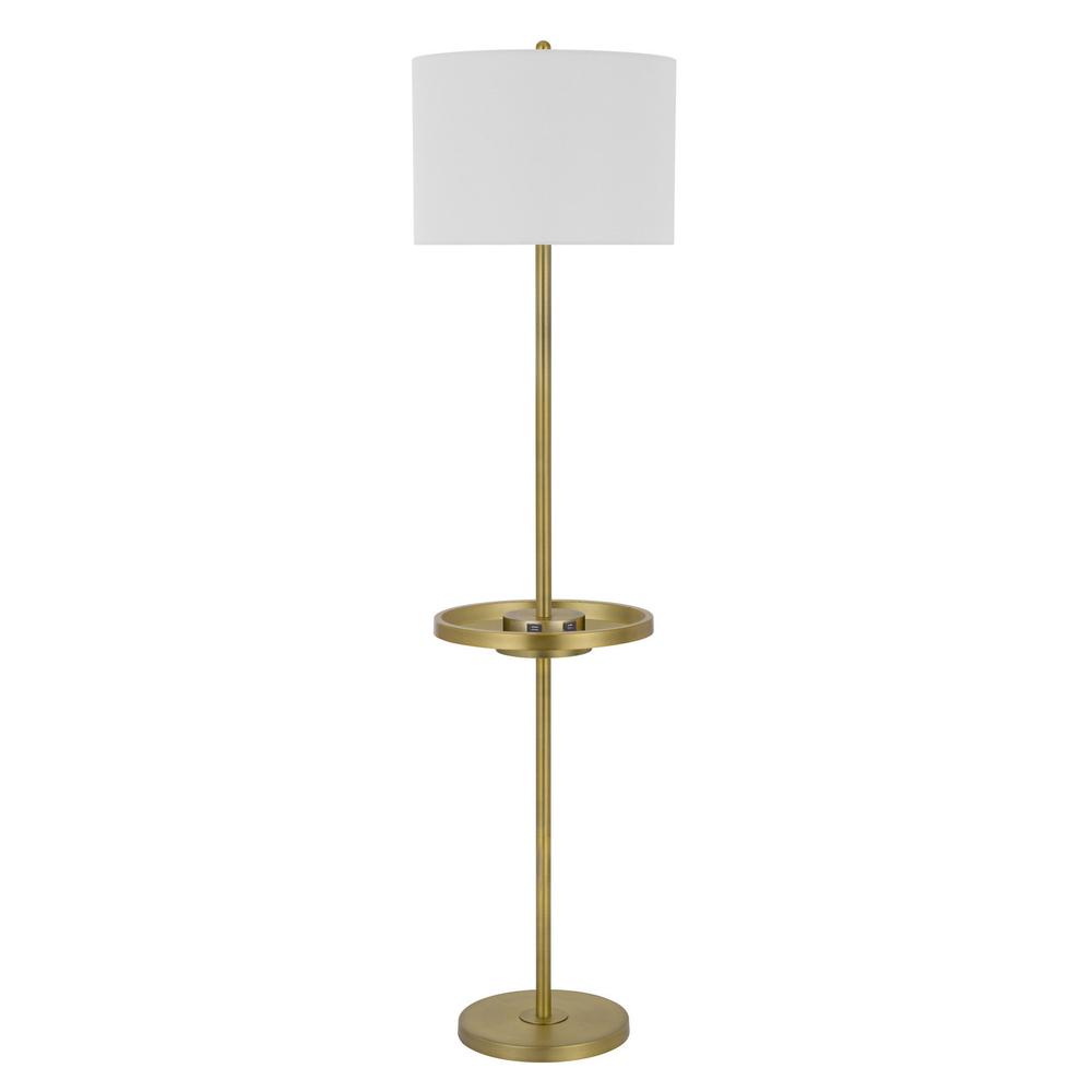 62" Brass Tray Table Floor Lamp With White Square Shade. Picture 1