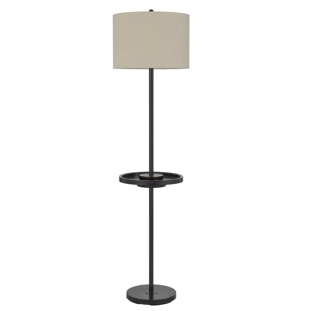 62" Bronze Tray Table Floor Lamp With Beige Drum Shade. Picture 1