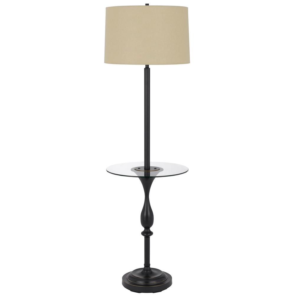 61" Bronze Tray Table Floor Lamp With Tan Transparent Glass Square Shade. Picture 1