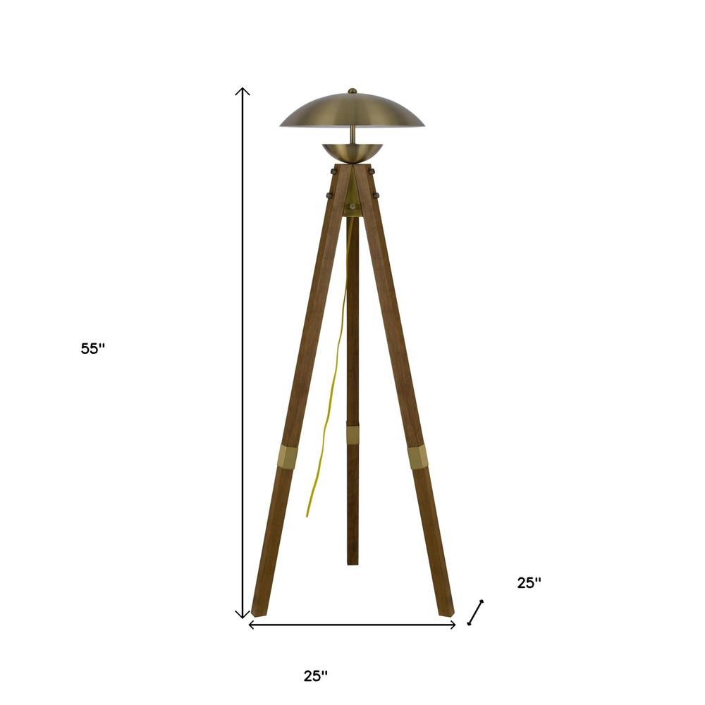 55" Brass Tripod Floor Lamp With Antiqued Brass Dome Shade. Picture 6