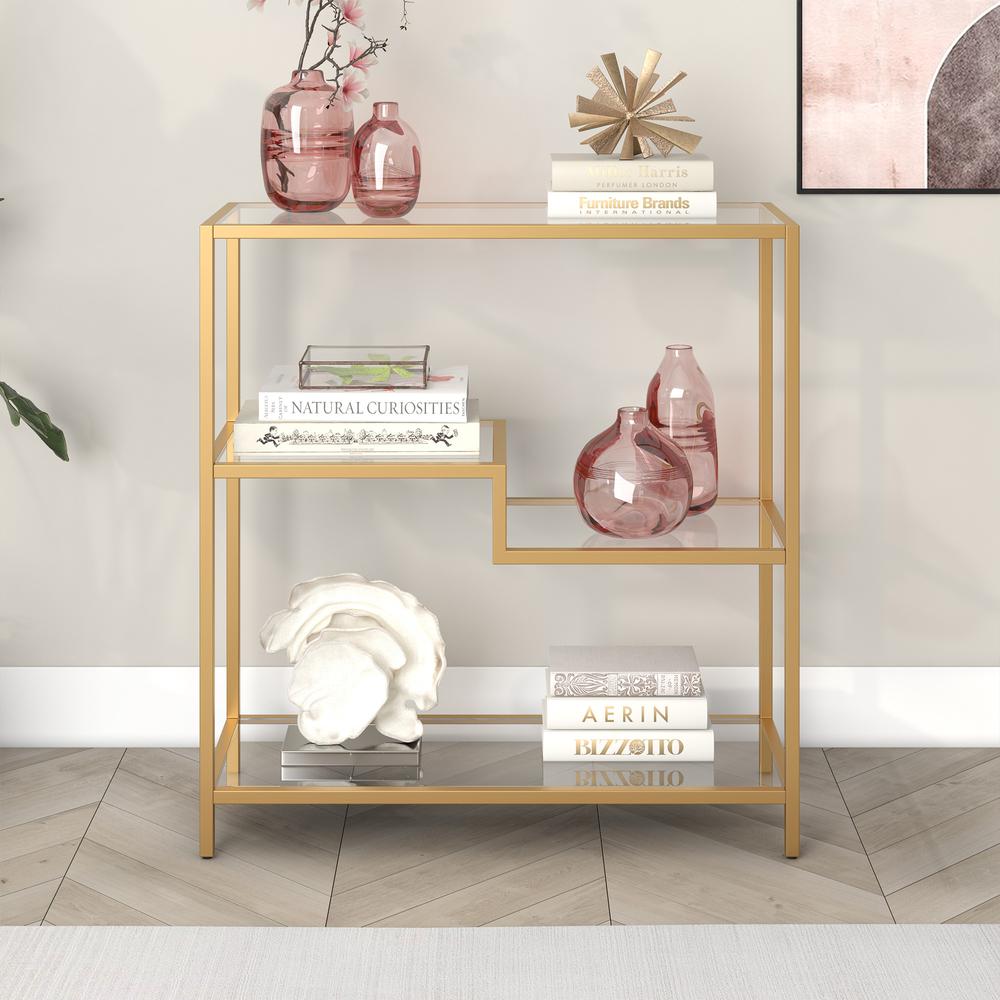36" Gold Metal And Glass Four Tier Etagere Bookcase. Picture 4