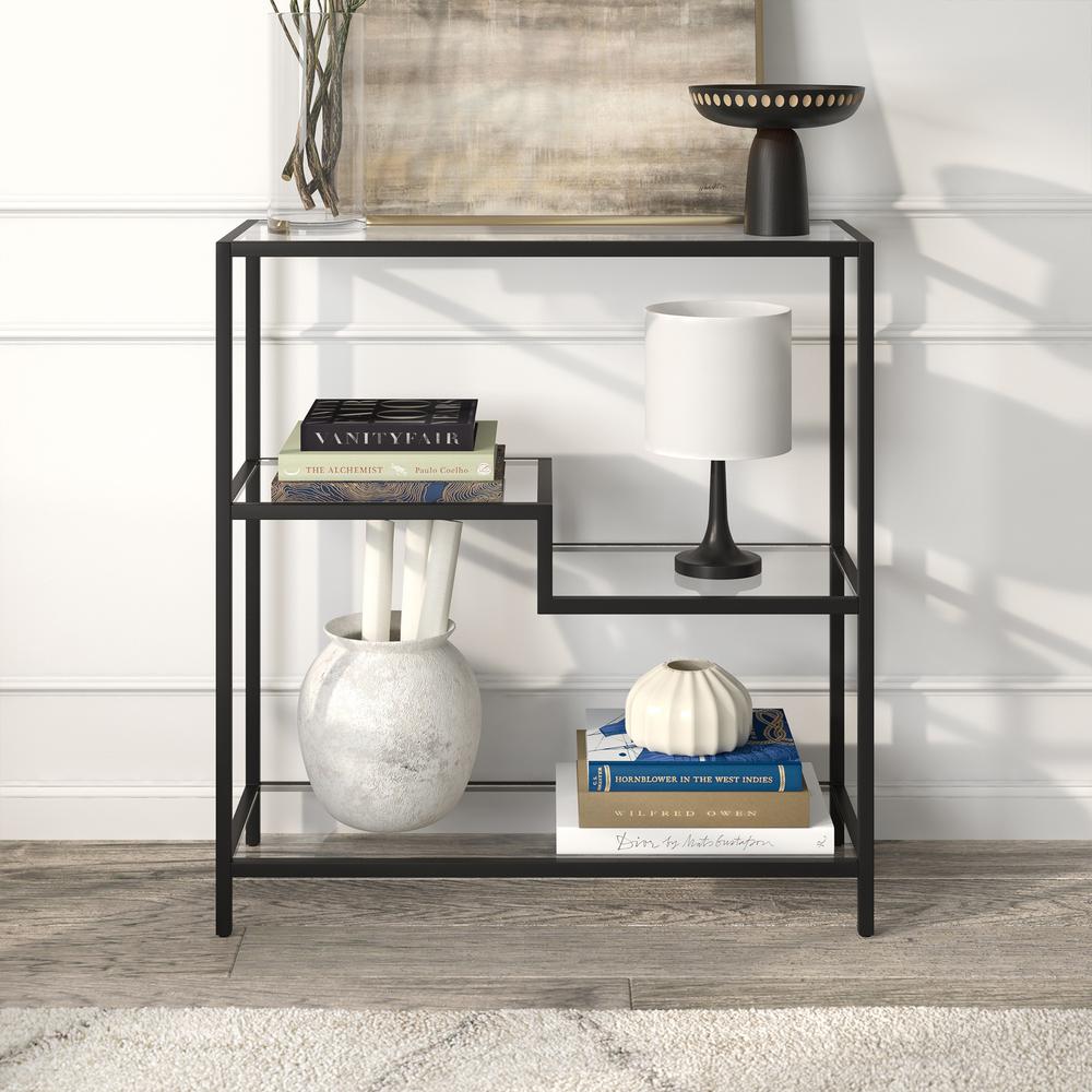 36" Black Metal And Glass Four Tier Etagere Bookcase. Picture 5
