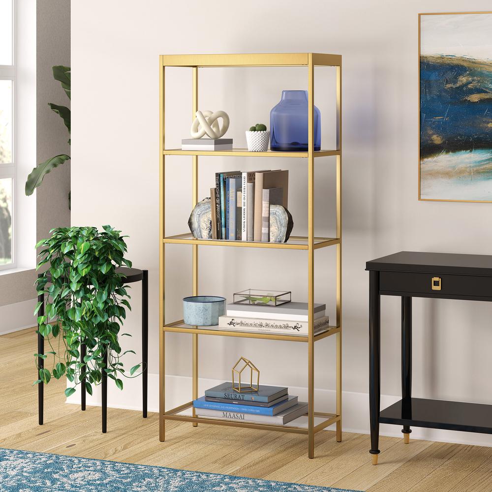 70" Gold Metal And Glass Four Tier Etagere Bookcase. Picture 4