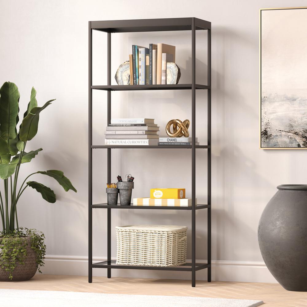70" Black Metal And Glass Four Tier Etagere Bookcase. Picture 4