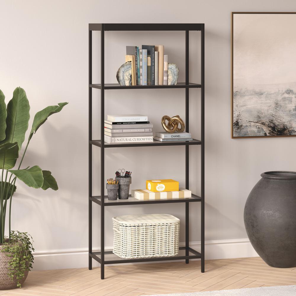70" Black Metal And Glass Four Tier Etagere Bookcase. Picture 5
