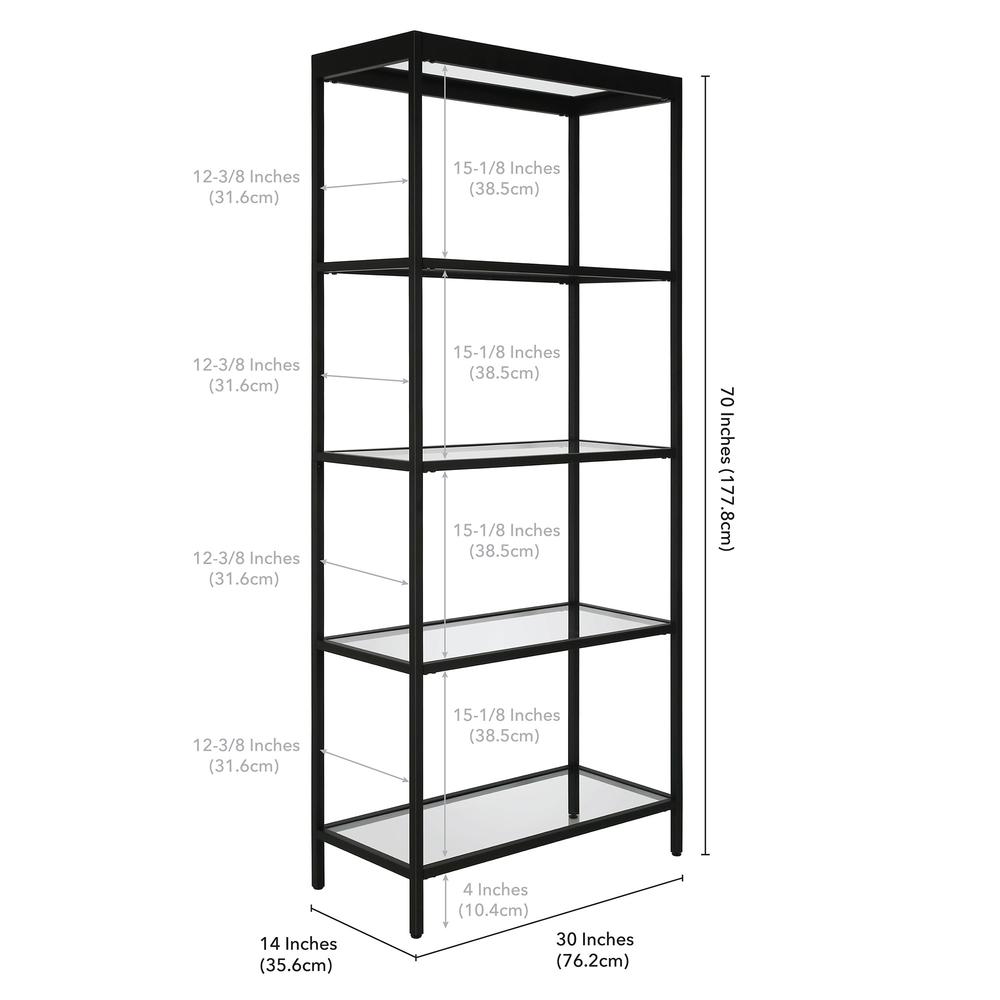 70" Black Metal And Glass Four Tier Etagere Bookcase. Picture 7