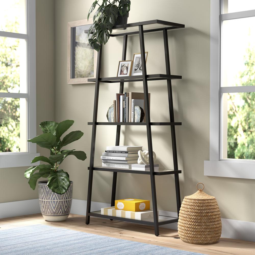 70" Black Metal And Glass Five Tier Etagere Bookcase. Picture 4