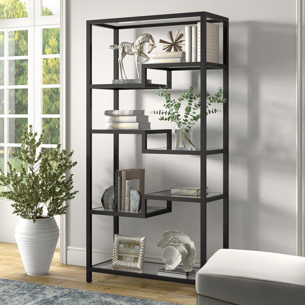 68" Black Metal And Glass Seven Tier Etagere Bookcase. Picture 3
