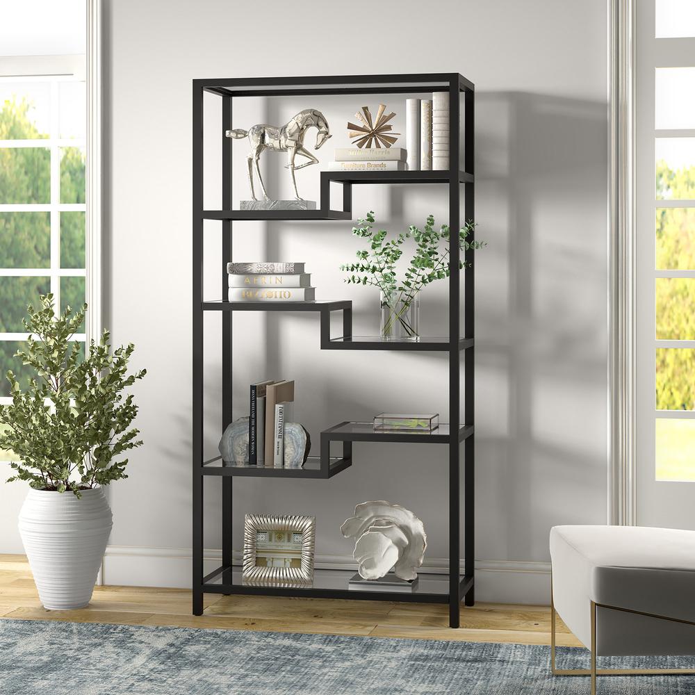 68" Black Metal And Glass Seven Tier Etagere Bookcase. Picture 5