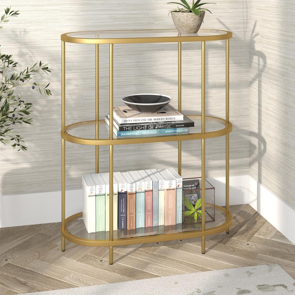36" Gold Metal And Glass Three Tier Etagere Bookcase. Picture 3