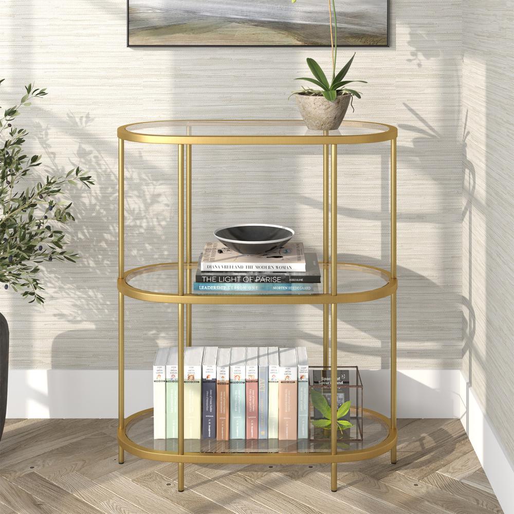 36" Gold Metal And Glass Three Tier Etagere Bookcase. Picture 4