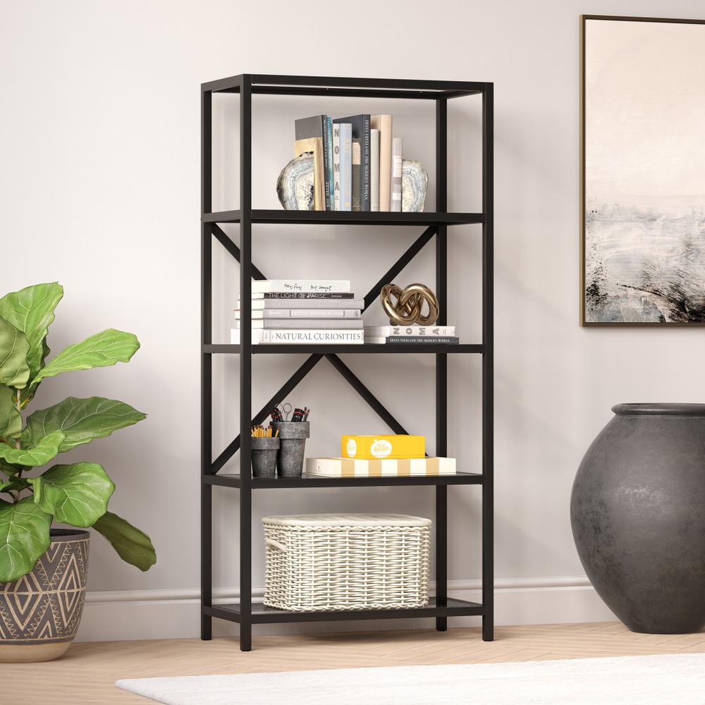 63" Black Metal And Glass Five Tier Etagere Bookcase. Picture 4