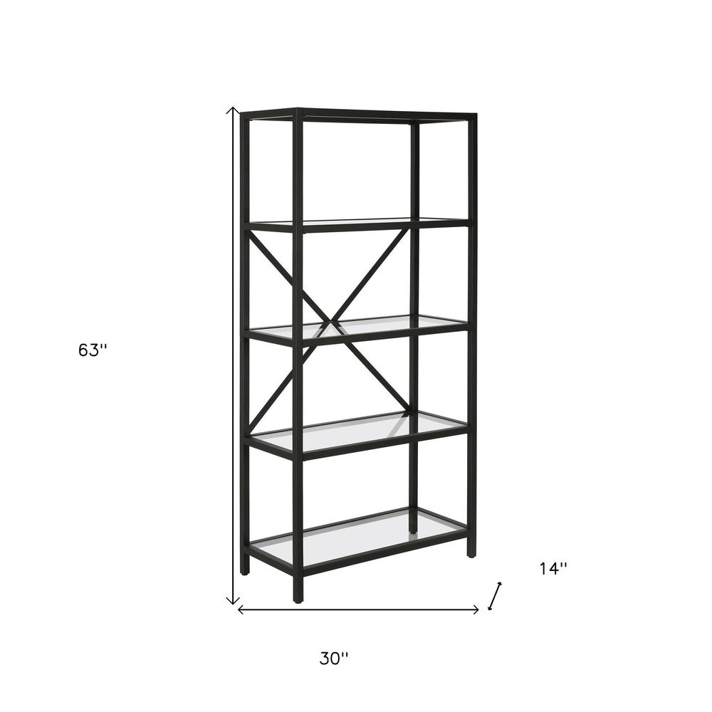 63" Black Metal And Glass Five Tier Etagere Bookcase. Picture 6