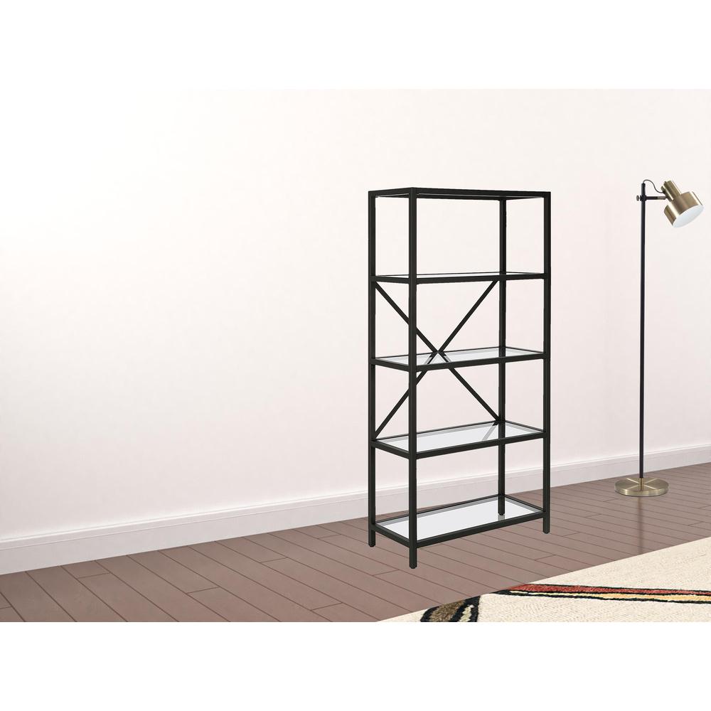 63" Black Metal And Glass Five Tier Etagere Bookcase. Picture 3