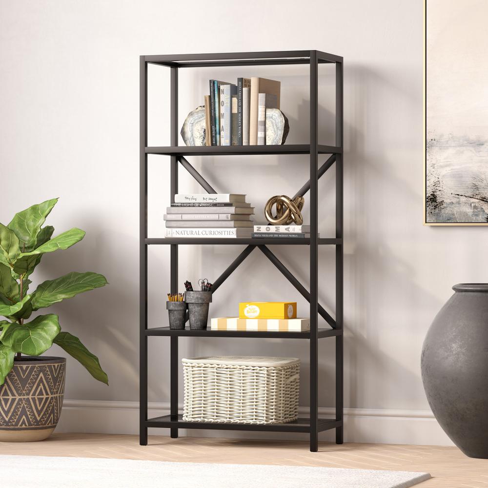 63" Black Metal And Glass Five Tier Etagere Bookcase. Picture 5