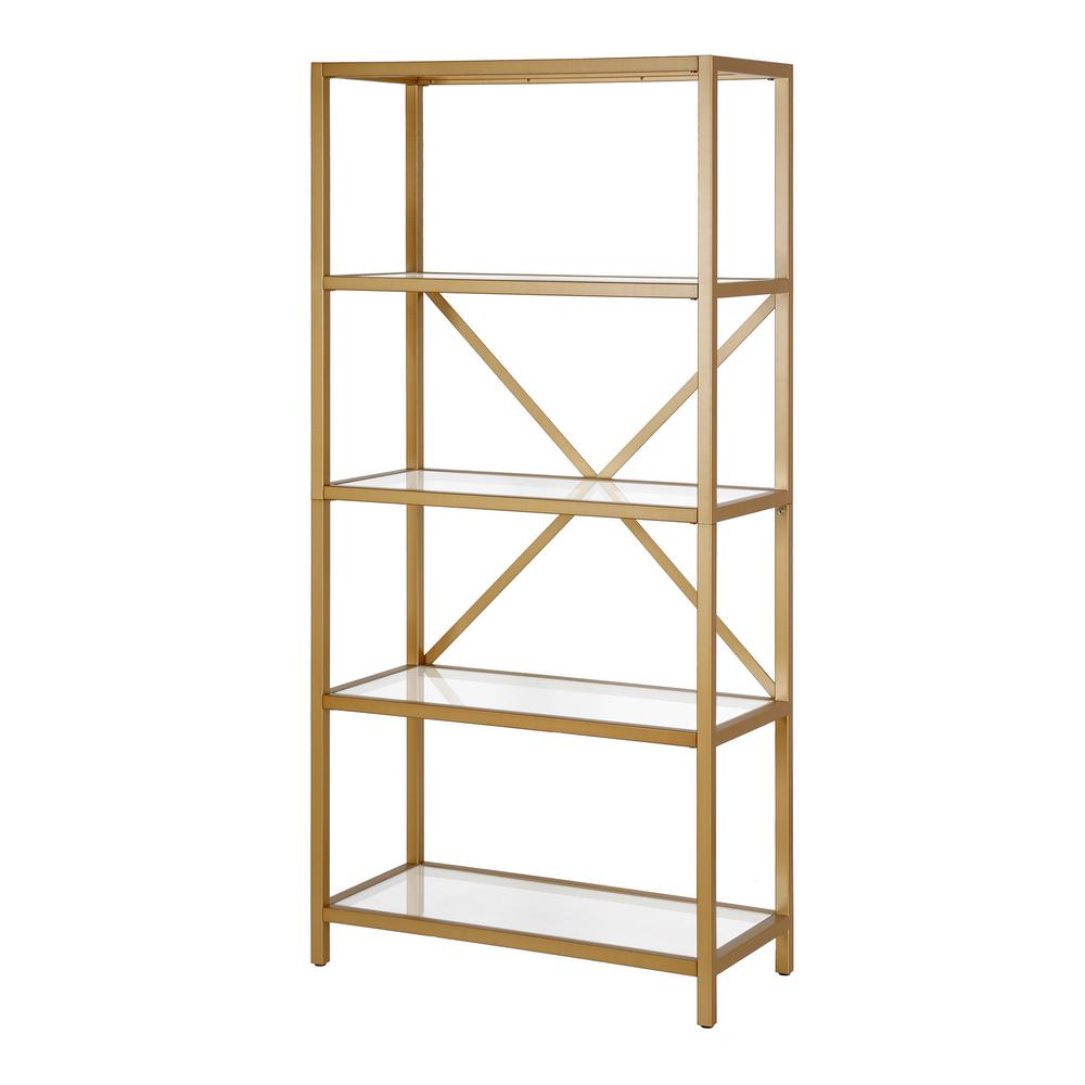 63" Gold Metal And Glass Five Tier Etagere Bookcase. Picture 1