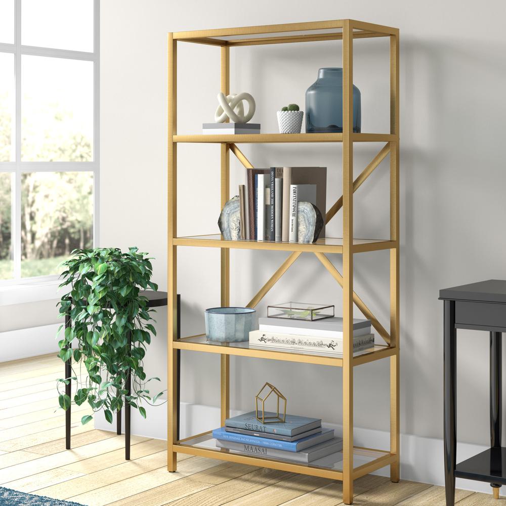 63" Gold Metal And Glass Five Tier Etagere Bookcase. Picture 4