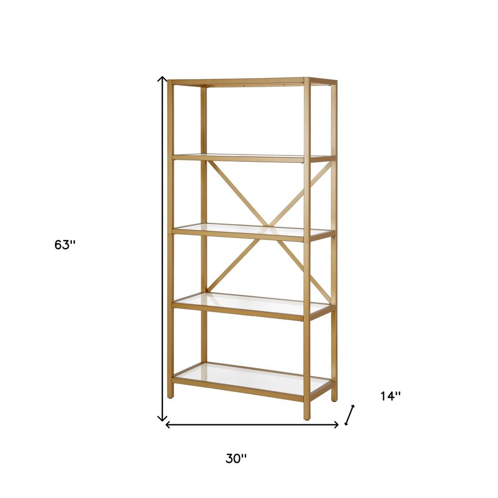 63" Gold Metal And Glass Five Tier Etagere Bookcase. Picture 6
