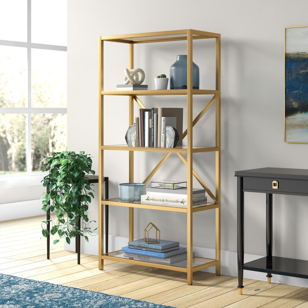 63" Gold Metal And Glass Five Tier Etagere Bookcase. Picture 5