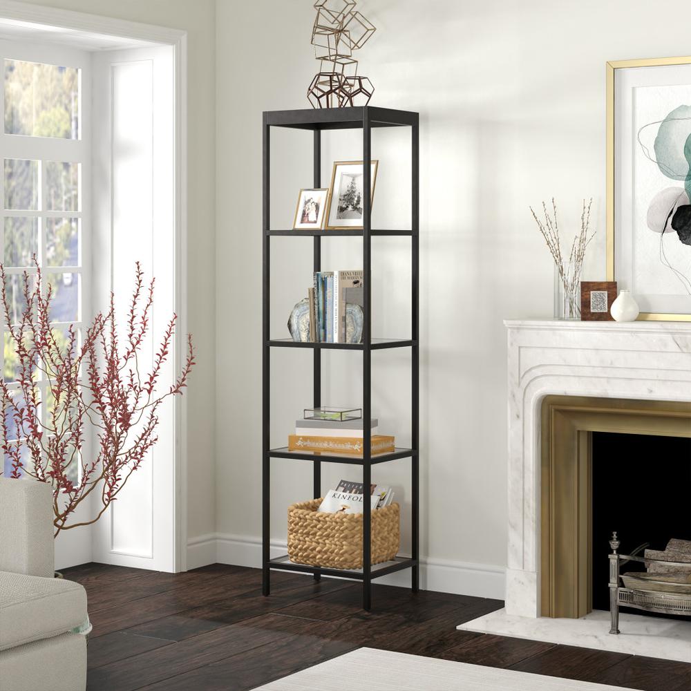 70" Black Metal And Glass Four Tier Standard Bookcase. Picture 6