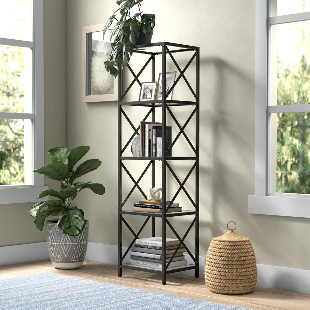 66" Black Metal And Glass Four Tier Etagere Bookcase. Picture 4