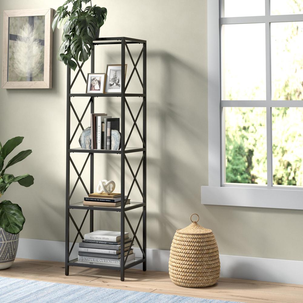 66" Black Metal And Glass Four Tier Etagere Bookcase. Picture 5