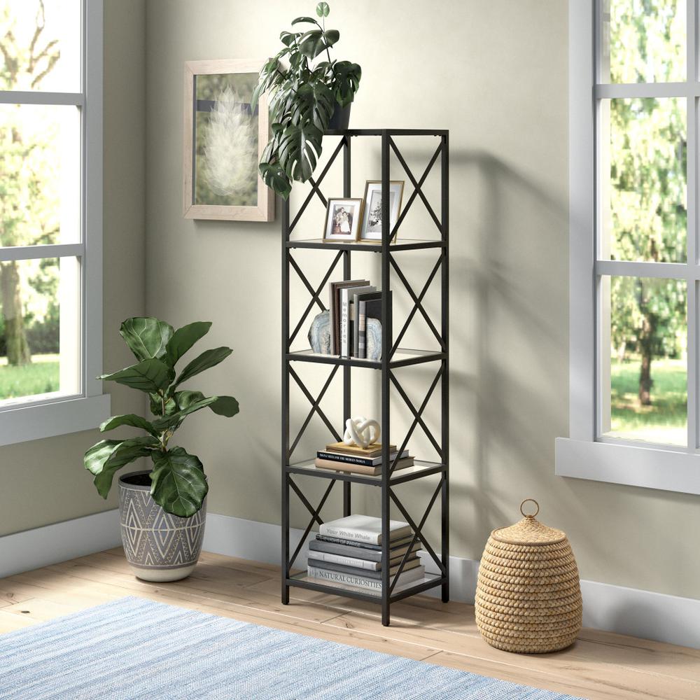66" Black Metal And Glass Four Tier Etagere Bookcase. Picture 6