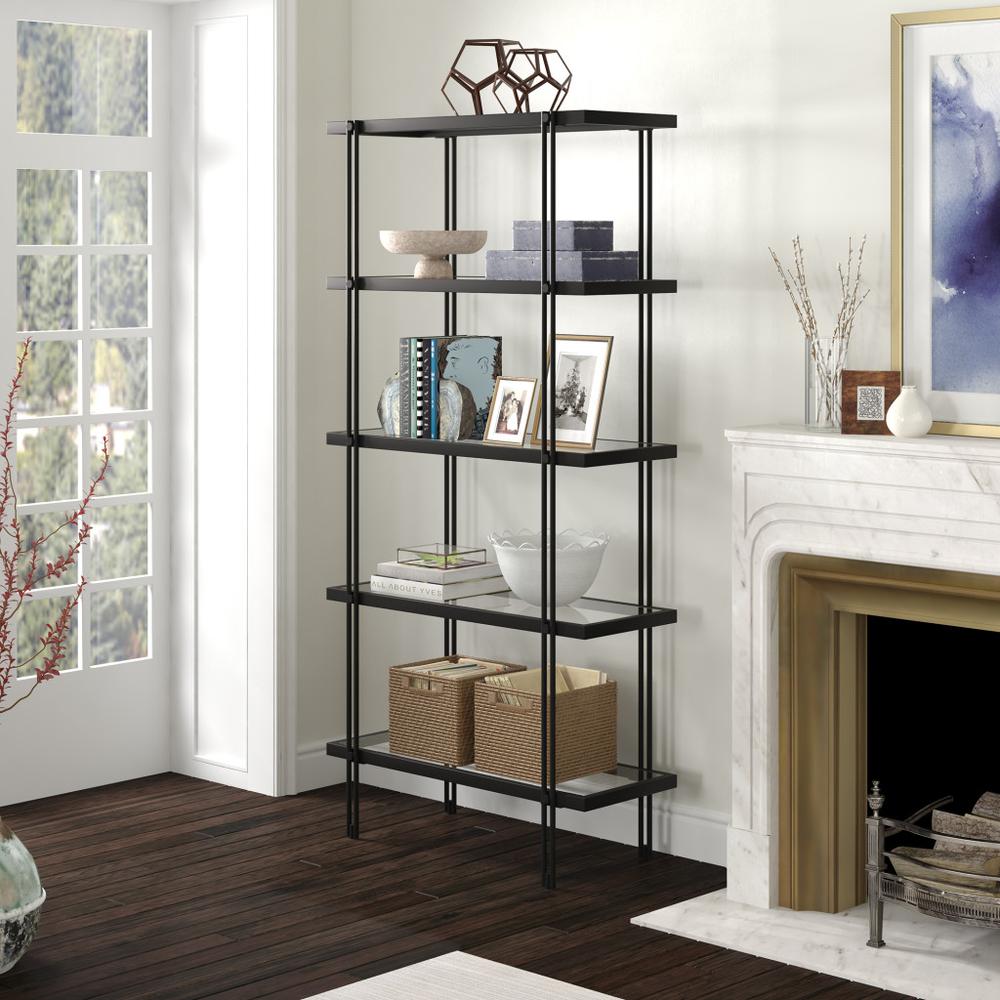 68" Black Metal And Glass Five Tier Standard Bookcase. Picture 4
