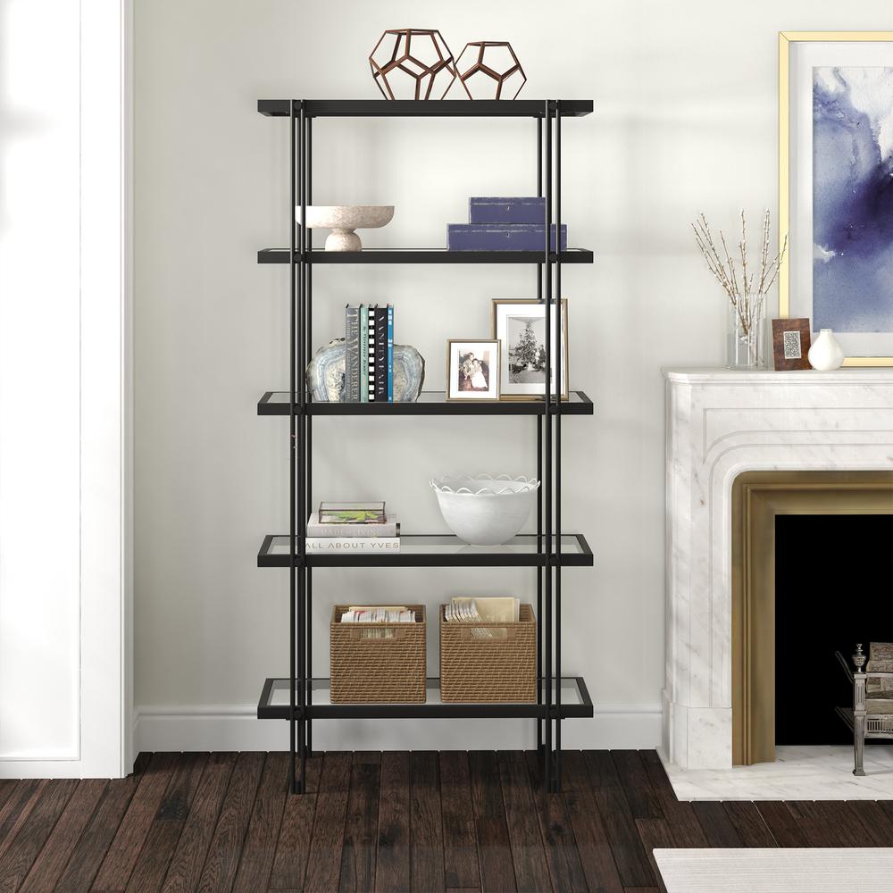 68" Black Metal And Glass Five Tier Standard Bookcase. Picture 5
