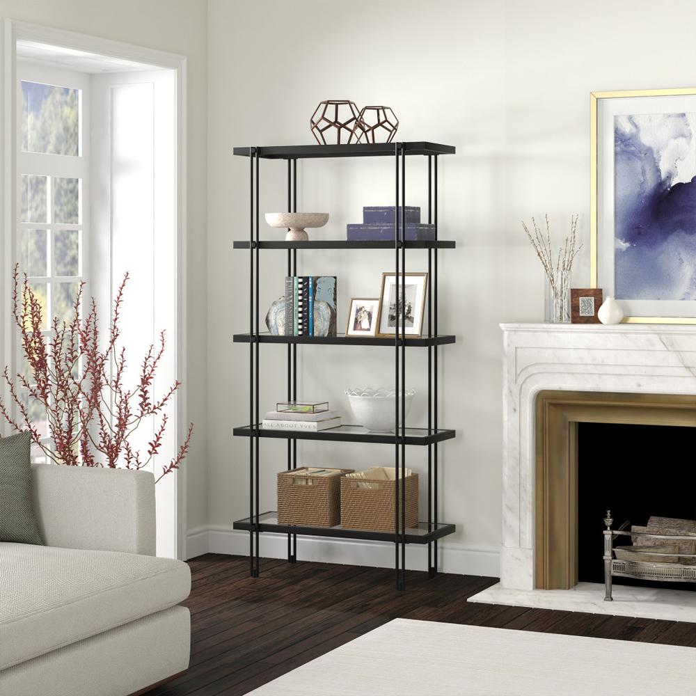 68" Black Metal And Glass Five Tier Standard Bookcase. Picture 6