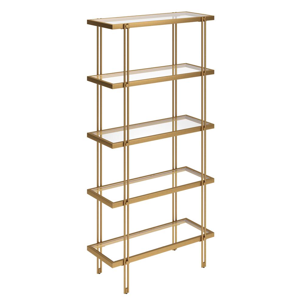 68" Gold Metal And Glass Five Tier Standard Bookcase. Picture 1