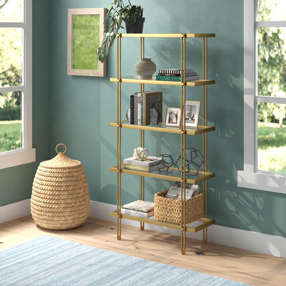 68" Gold Metal And Glass Five Tier Standard Bookcase. Picture 4