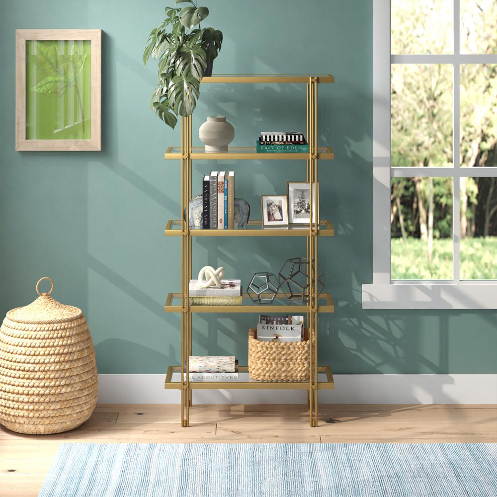 68" Gold Metal And Glass Five Tier Standard Bookcase. Picture 5