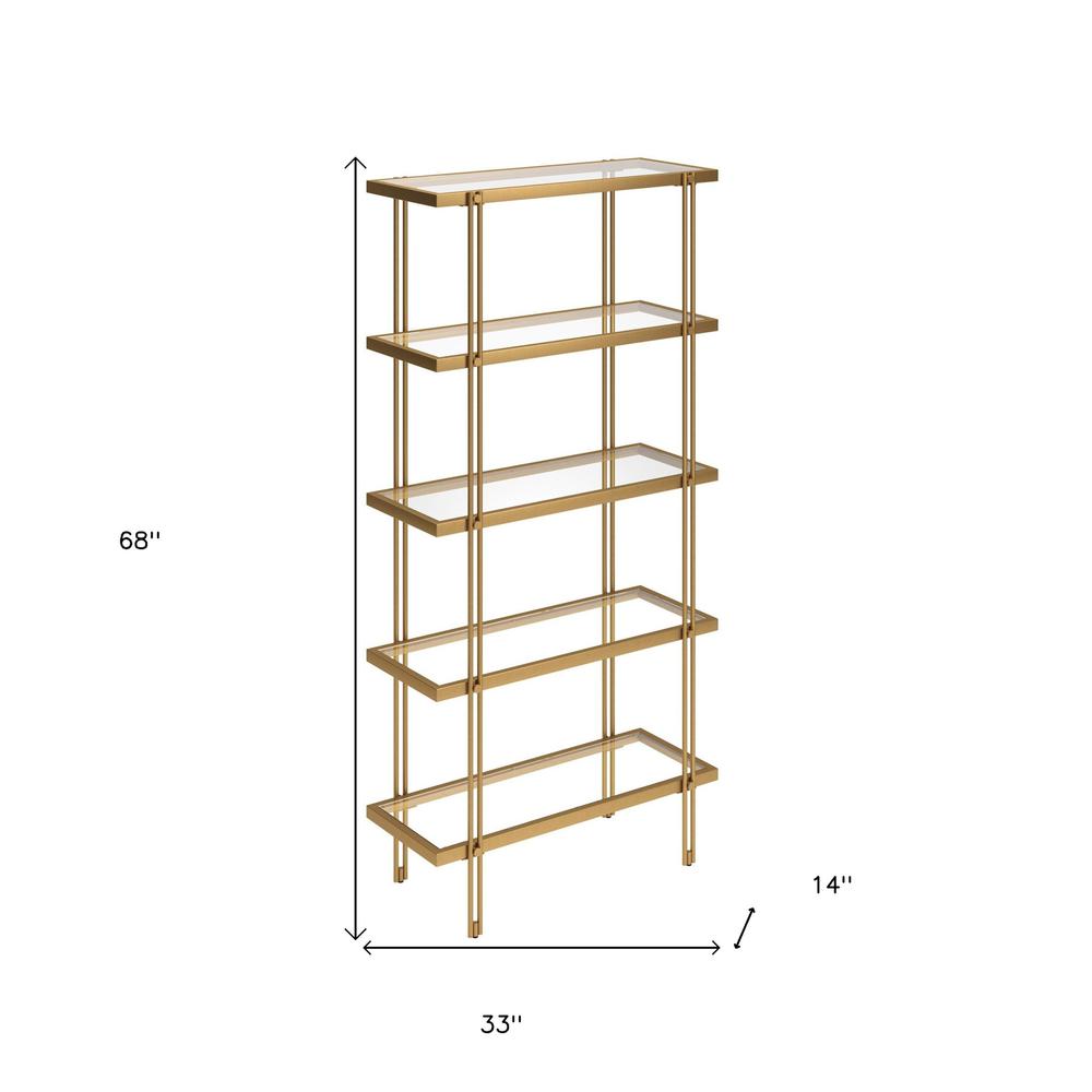 68" Gold Metal And Glass Five Tier Standard Bookcase. Picture 8