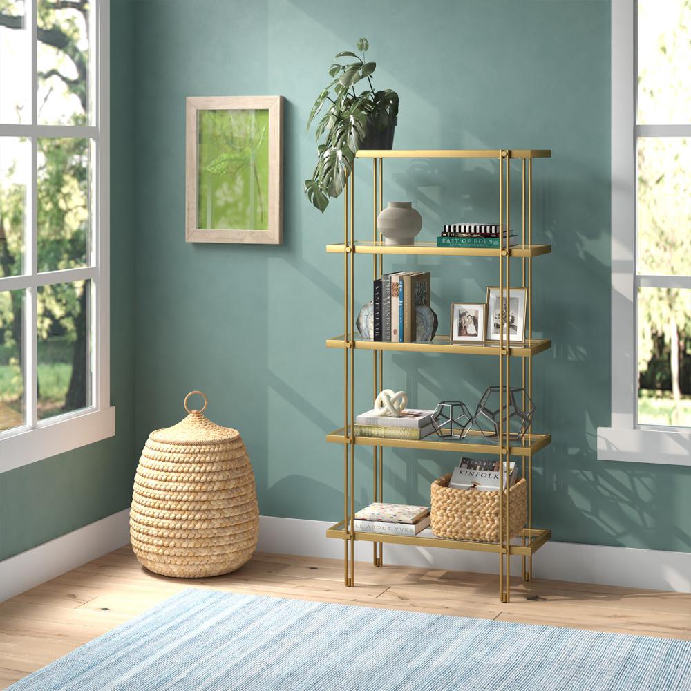 68" Gold Metal And Glass Five Tier Standard Bookcase. Picture 6
