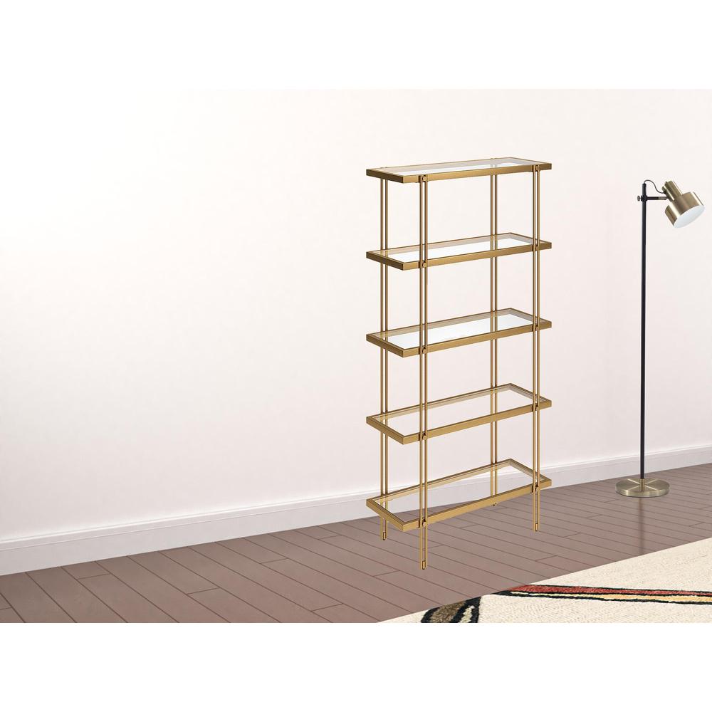 68" Gold Metal And Glass Five Tier Standard Bookcase. Picture 3