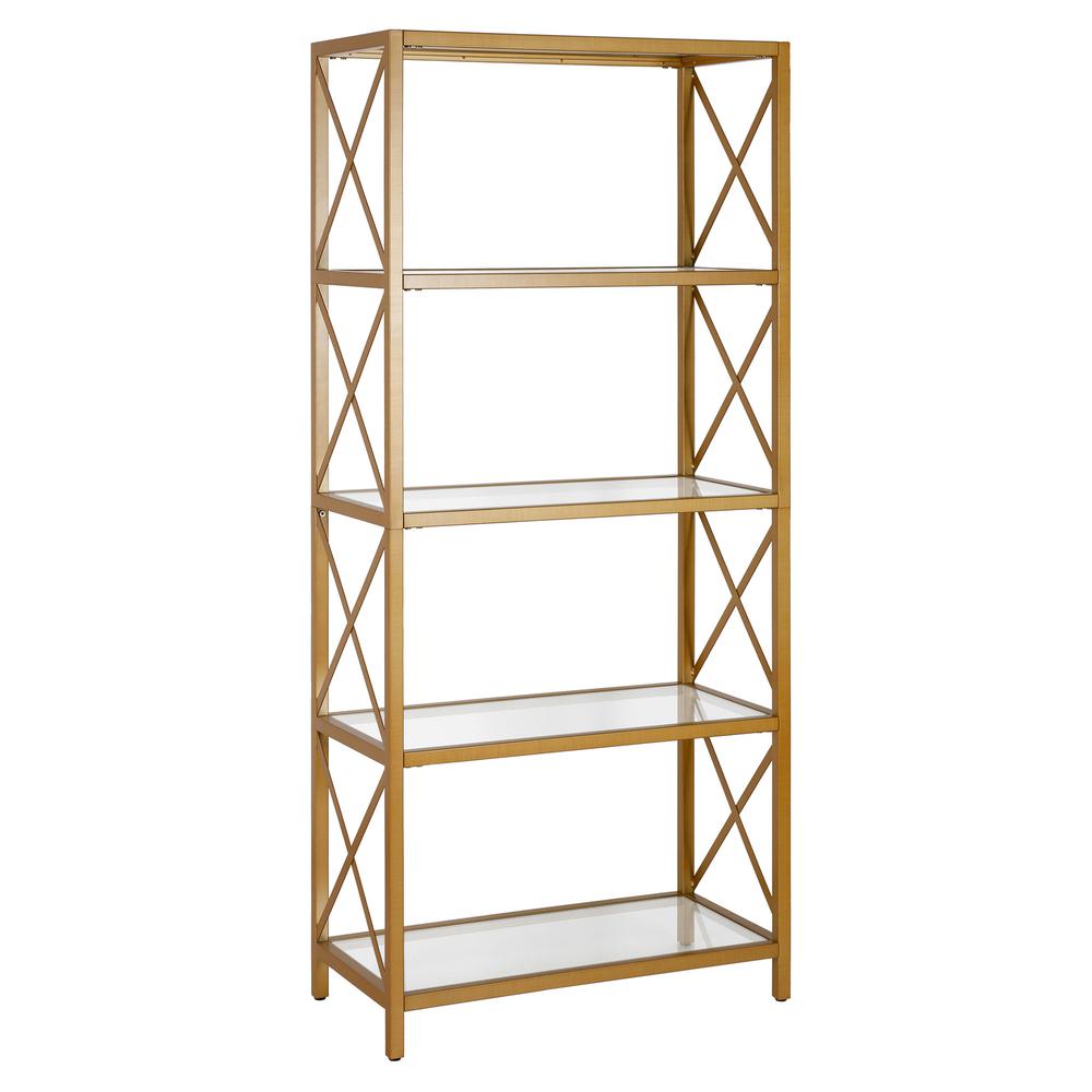 66" Gold Metal And Glass Five Tier Etagere Bookcase. Picture 1